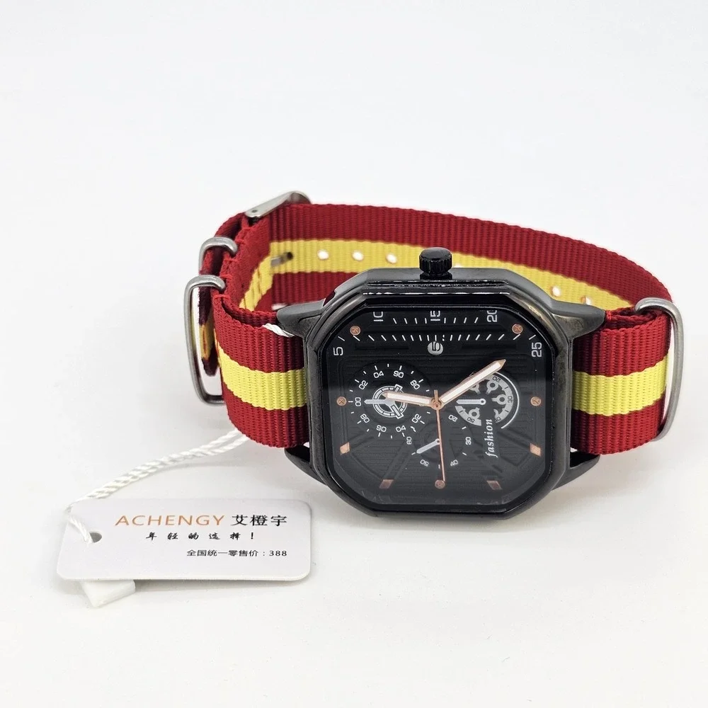 Men's Watch 42MM Black Dial Date Indicator Red Yellow Canvas Bands New Battery
